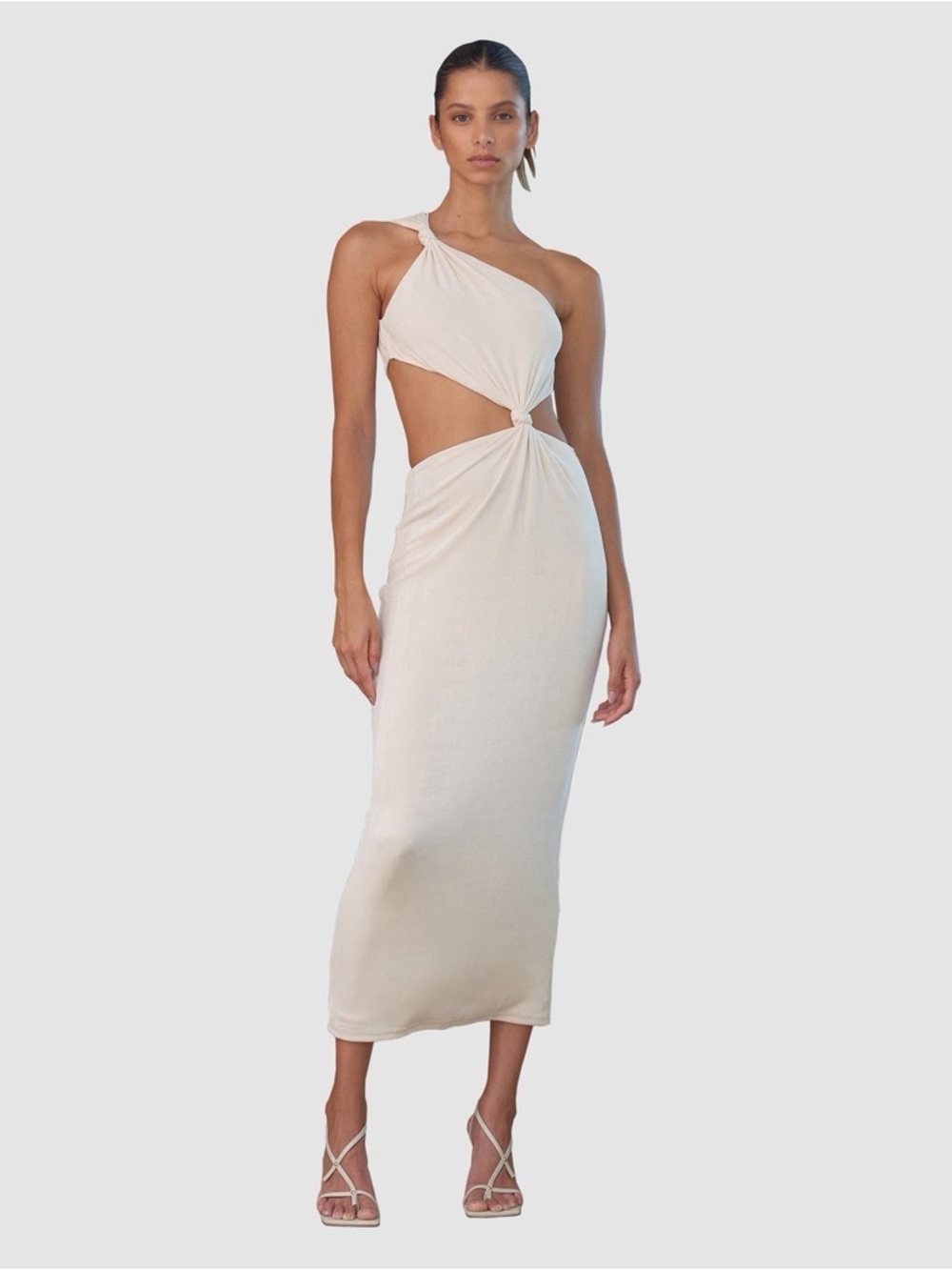NWT MISHA ‘Arden’ Knotted One-Shoulder Midi Dress in “Pearl” / Cream Size 4 - Picture 2 of 16